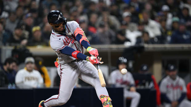 Apr 17, 2023; San Diego, California, USA; Atlanta Braves right fielder Ronald Acuna (13) singles against the San Diego Padres during the seventh inning at Petco Park.